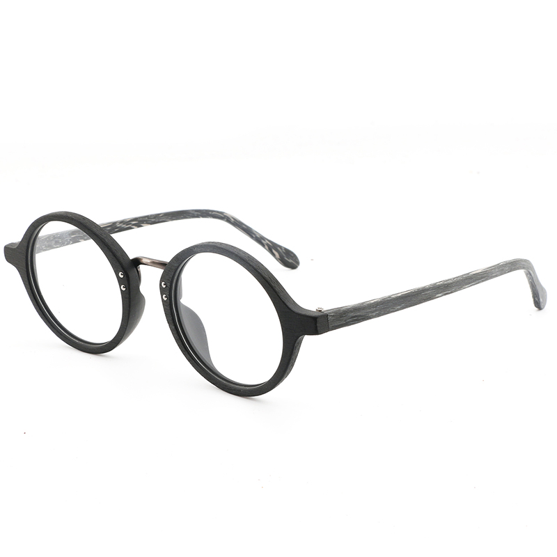 AZB Wooden Eyewear Frames Spectacle Retro Round Clear Glasses for Women Men Wood Optical Glasses Frame: black grey C82