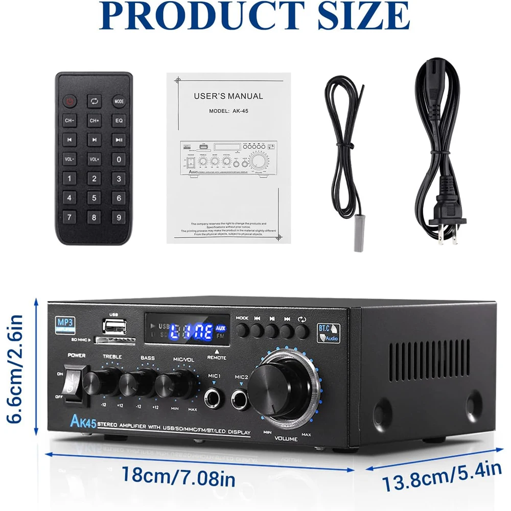 AK45 800W Home Power Amplifiers 2.0 Channel Bluetooth 5.0 Surround Sound FM USB MIC Remote Control Mini HIFI Digital Amplifier