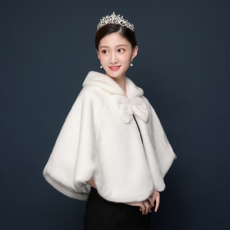 JaneVini Winter White Capes Bridal Faux Fur Wraps for Wedding Big Bow Women Warm Bolero Shawls Evening Cloak Brides Accessories