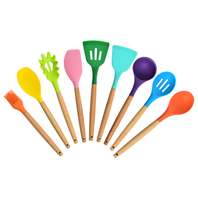 Ustensiles de cuisine en silicone, manche en bois, pelle antiadhésive, cuillère, ustensiles de cuisine, nouvelle couleur, ensemble d'ustensiles de cuisine: 9 pcs