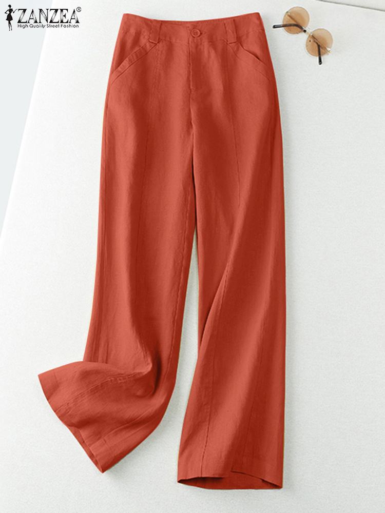 ZANZEA 2025 Primavera Verano mujer pantalones algodón Lino pantalones largos pierna ancha liso vacaciones pantalones casuales ropa de calle pantalones: 5 XL / Naranja