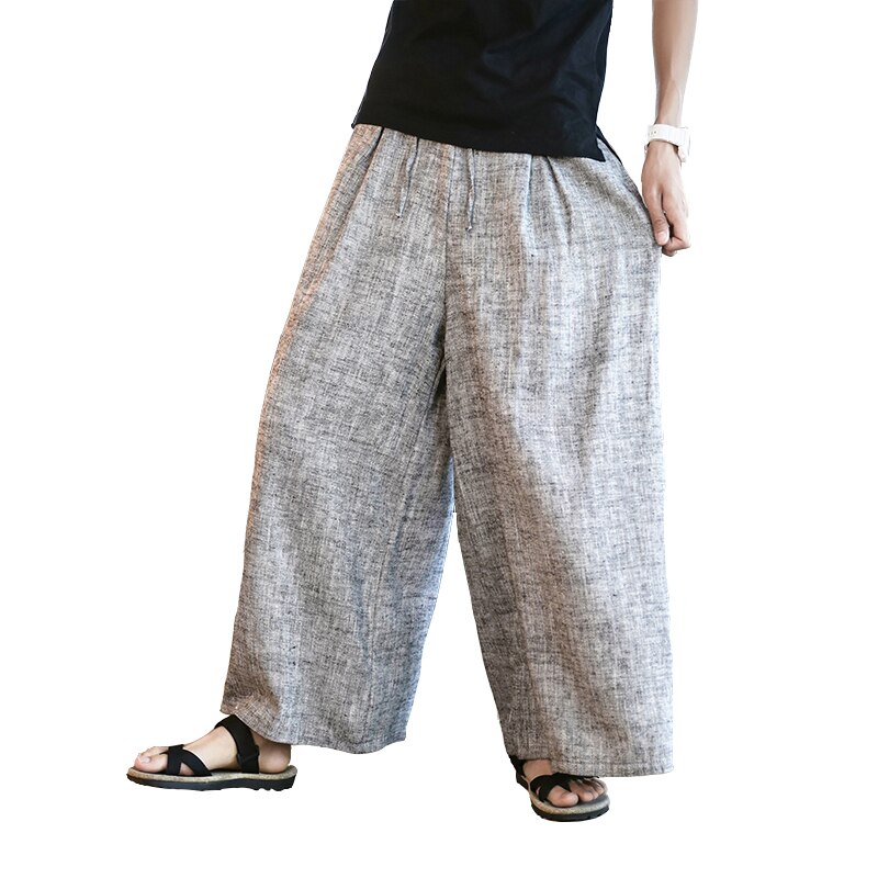 Mand bomuld linned brede ben bukser herre stribe straight flare bukser mandlige traditionelle baggy bukser behagelige åndbare bukser