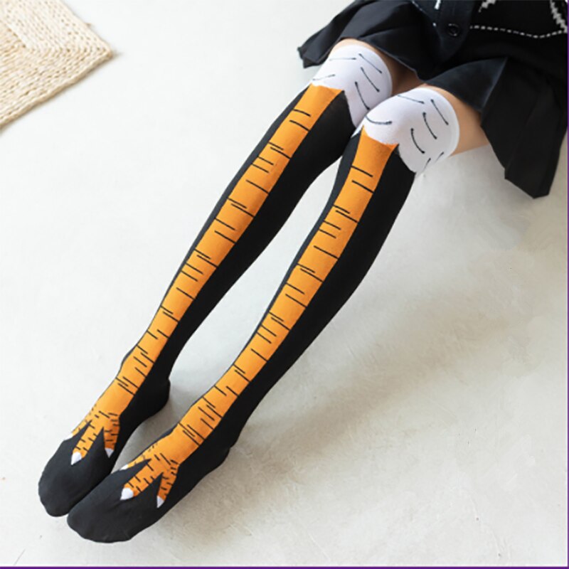 Bas à pattes de poulet pour femmes, chaussettes longues, chauffe-jambes, dessin animé drôle, griffe de jambe de poulet en coton, impression 3D, au-dessus du genou