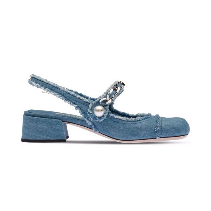 blue denim cloth sandals metal chains summer shoes woman square toe med-high heels jeans sandalias mujer 2022 mary janes shoes