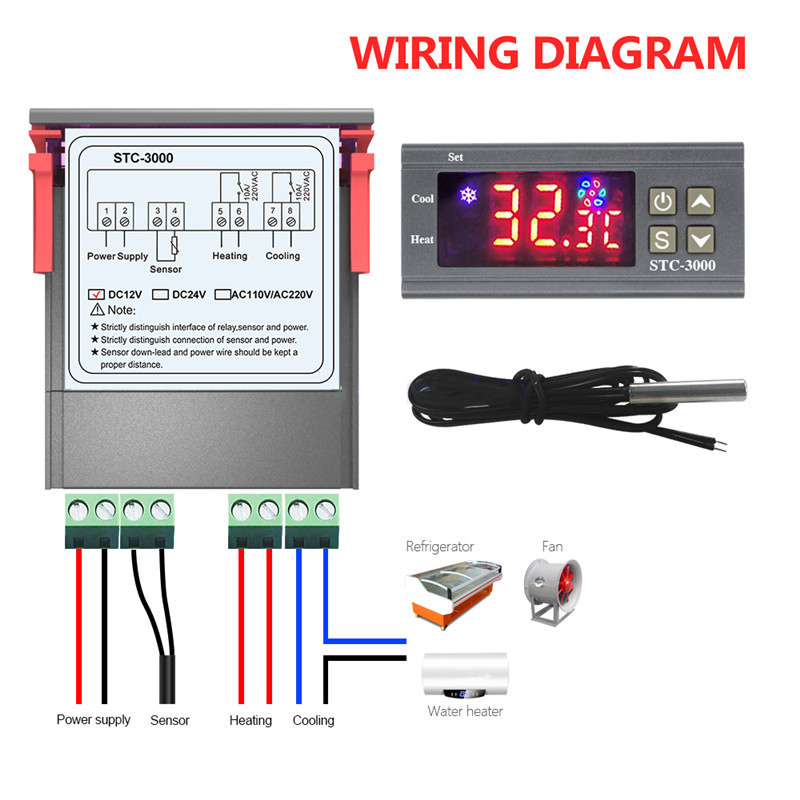 Stc -3000 12v ledet digital temperaturregulator termostatkontroll oppvarming kjølesensor fuktighetsmåler