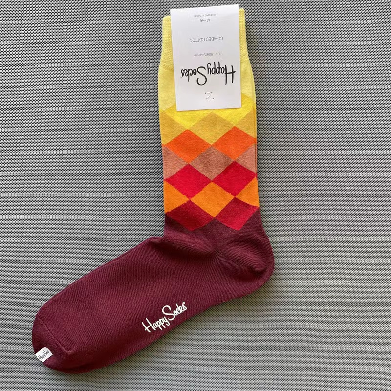 Happy Socks Men's Diamond Check Socks Four Seasons Pure Cotton Geometric Pattern Sports Socks Size 41-46