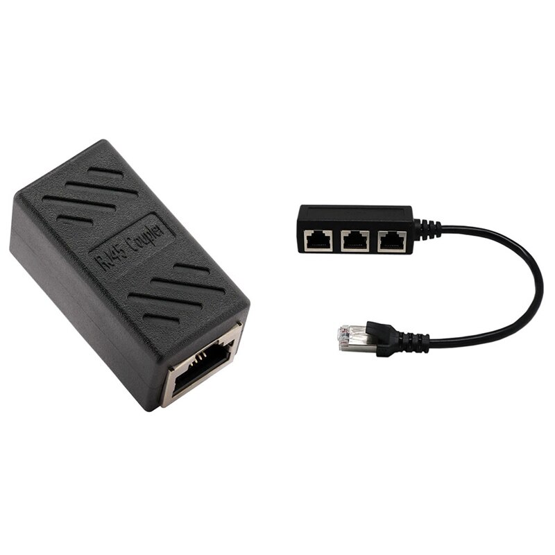 1 Pcs Female to Female Network Through Connector Black & 1 Pcs RJ45 1-To-3 Splitter LAN Network Connector: Default Title