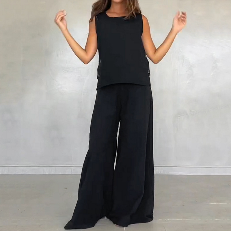 Wefads Two Piece Set Women Casual Simple Solid Sleeveless Round Neck Vest Pullover Top Loose Wide Legs Pants Sets