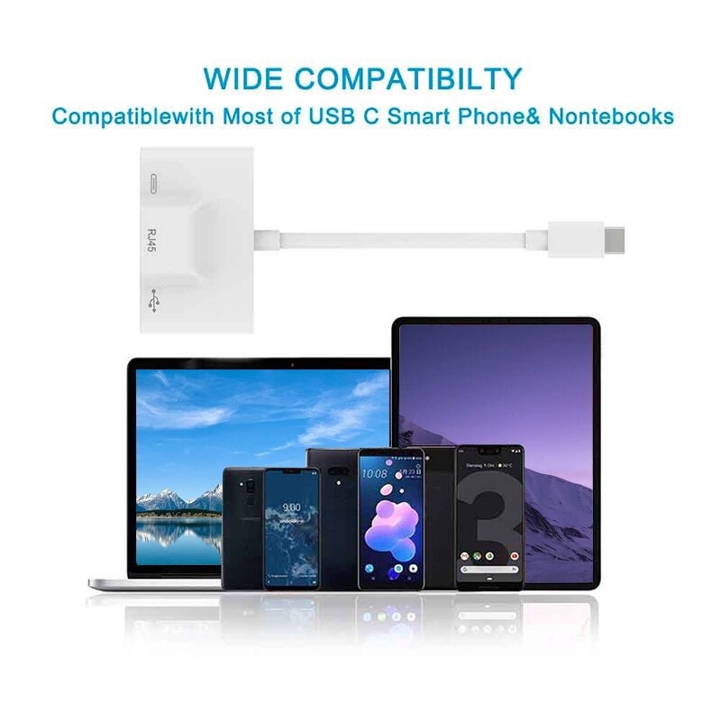 Usb c naar ethernet-adapter ondersteunt snel opladen,  rj45 usb 3.0- poorts hub,  rj45 lan-netwerkkaart voor ios, windows, mac en android