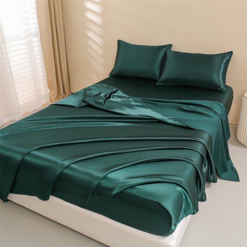 Satin Bed Sheets, Queen Size Sheets Set, 4 Pcs Silky Bedding Set 1 Deep Pocket Fitted Sheet + 1 Flat Sheet + 2 Pillowcases: Queen / green