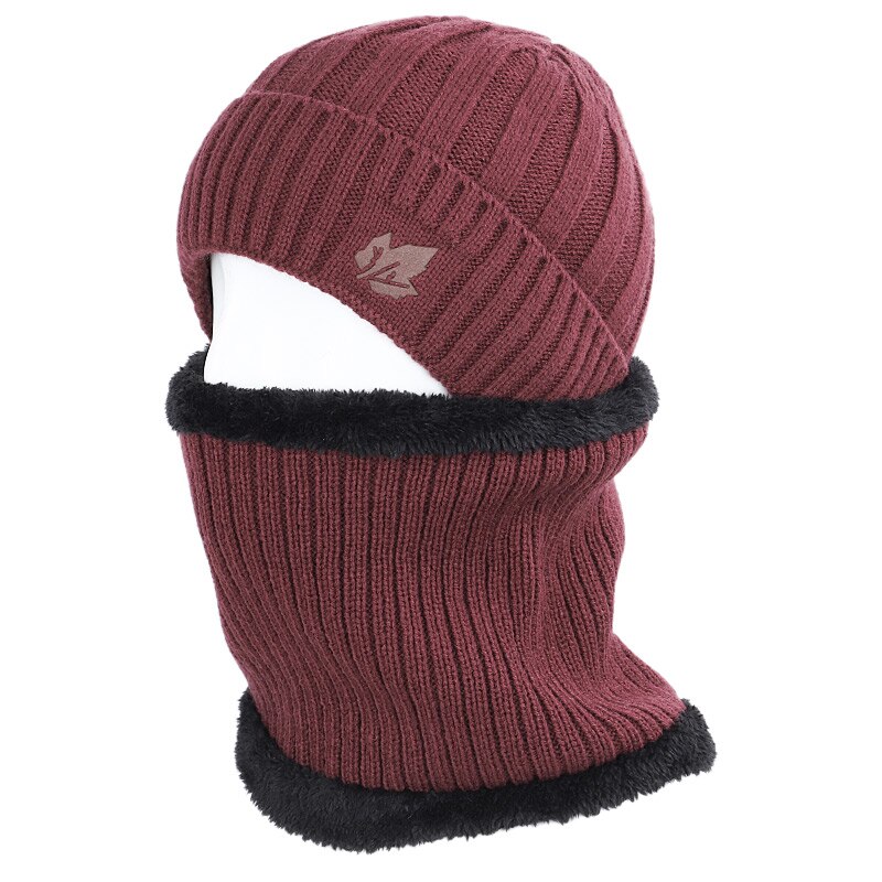 Chapeau écharpe d'hiver en feuille d'érable | Chapeau pour hommes et femmes, chapeau rayé en coton, tricot , ensemble écharpe en velours Plus bavoir épais,: Wine-1
