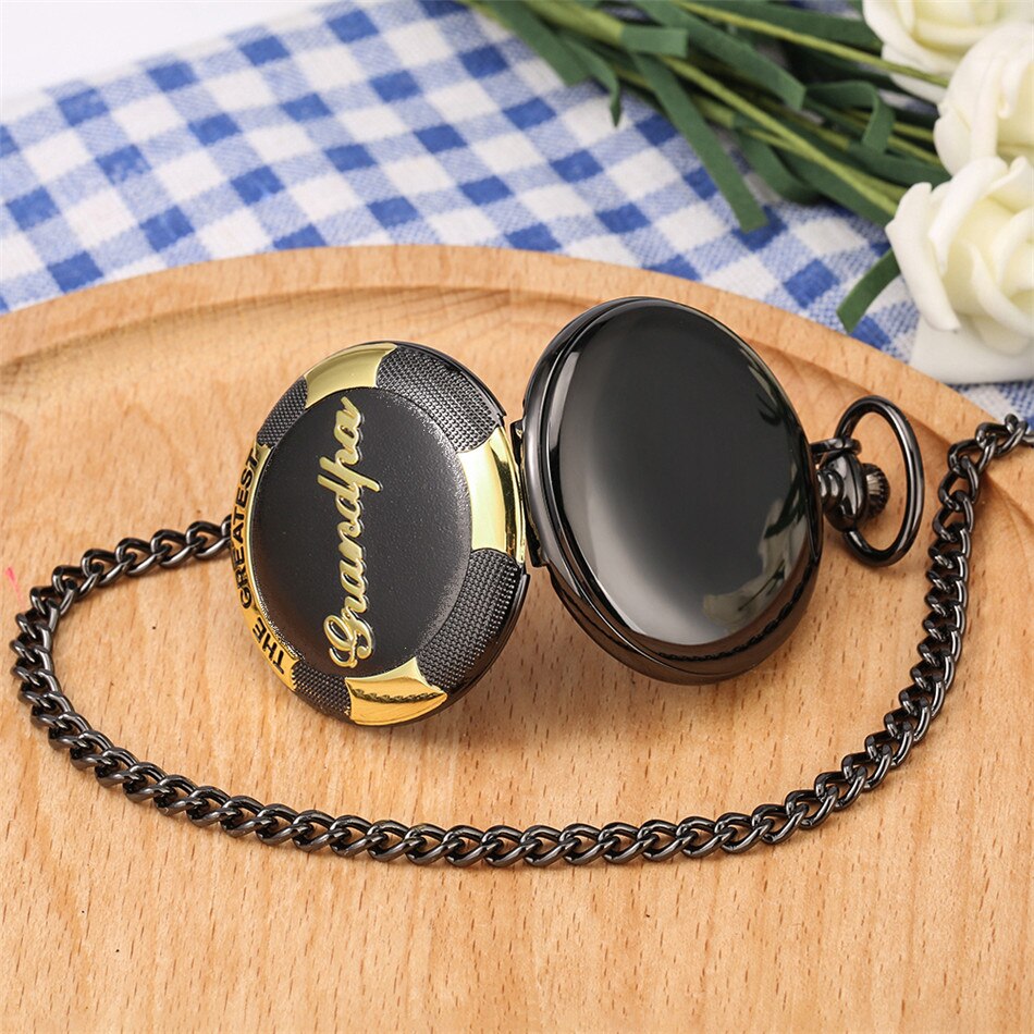 The Greatest Grandpa Antique Birthay Quartz Pocket Watch Retro Black Pocket Pendant Clock with Box