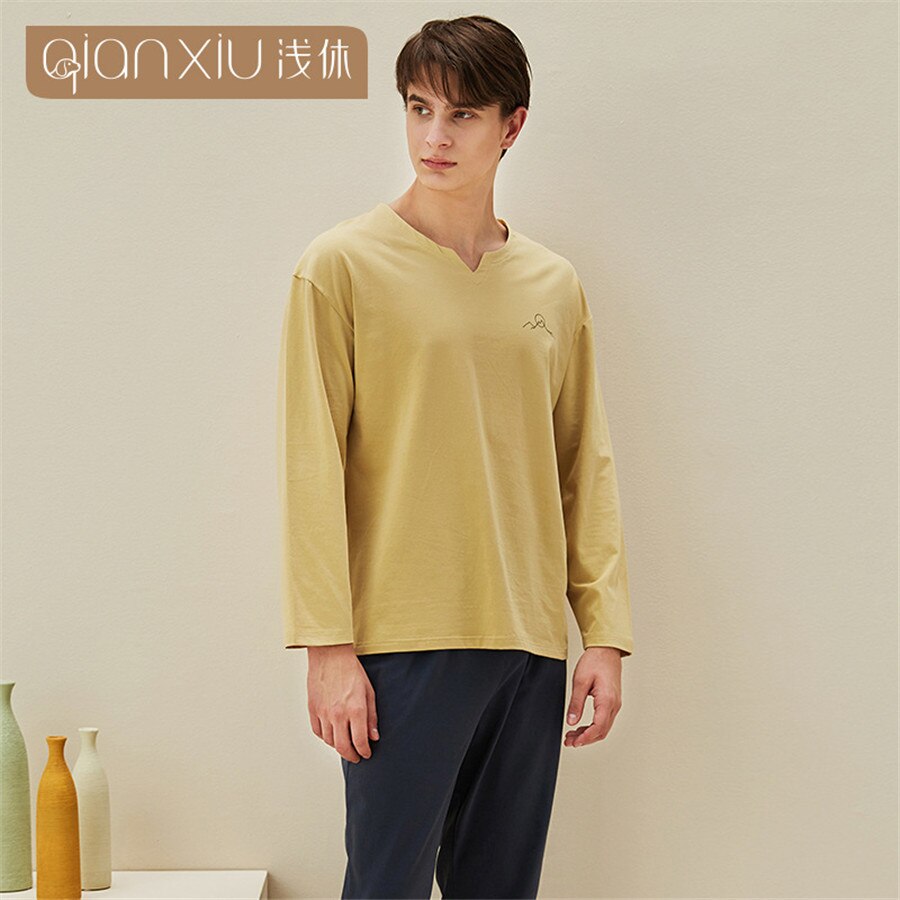 Sleepwear Male Spring Autumn Cotton Bamboo Fiber Men Pajamas Set Casual Long Sleeve + Long Pants 2 Pieces Men's Pajama Pullover