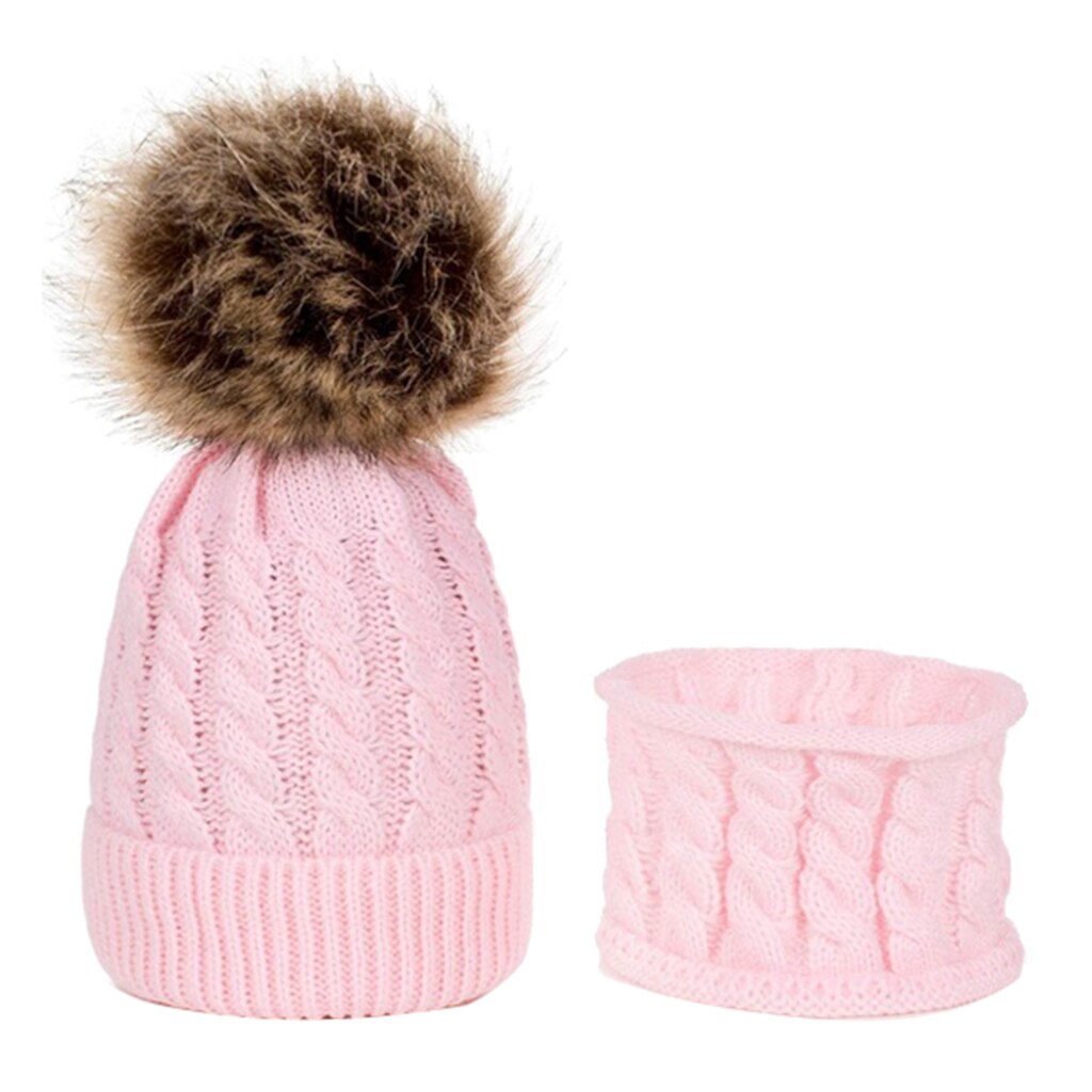 Winterset voor kinderen met slouchy pompon gebreide peutermuts, baby skimuts en sjaal: Roze
