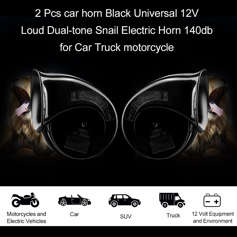 2 pièces klaxon de voiture noir universel 12v fort double ton escargot klaxon électrique 140db pour voiture camion moto étanche à la poussière