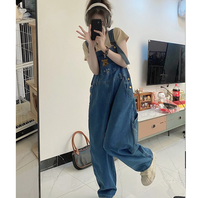 Oversize jumpsuit kvinnor söt nalle puh broderi vintage lös hög midja streetwear jeans jumpsuit
