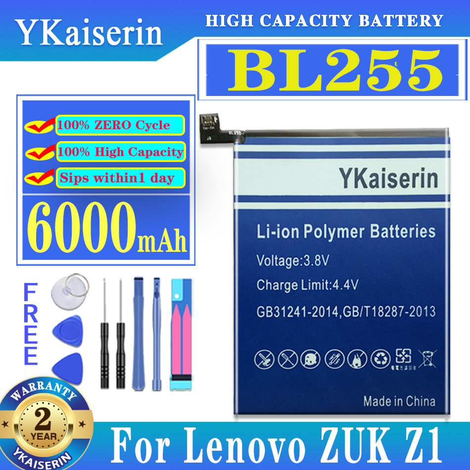 YKaiserin 6000mA BL255 Battery For Lenovo ZUK Z1 ZUKZ1 Z1221 Battery Replacement Back Up Batteries Bateria