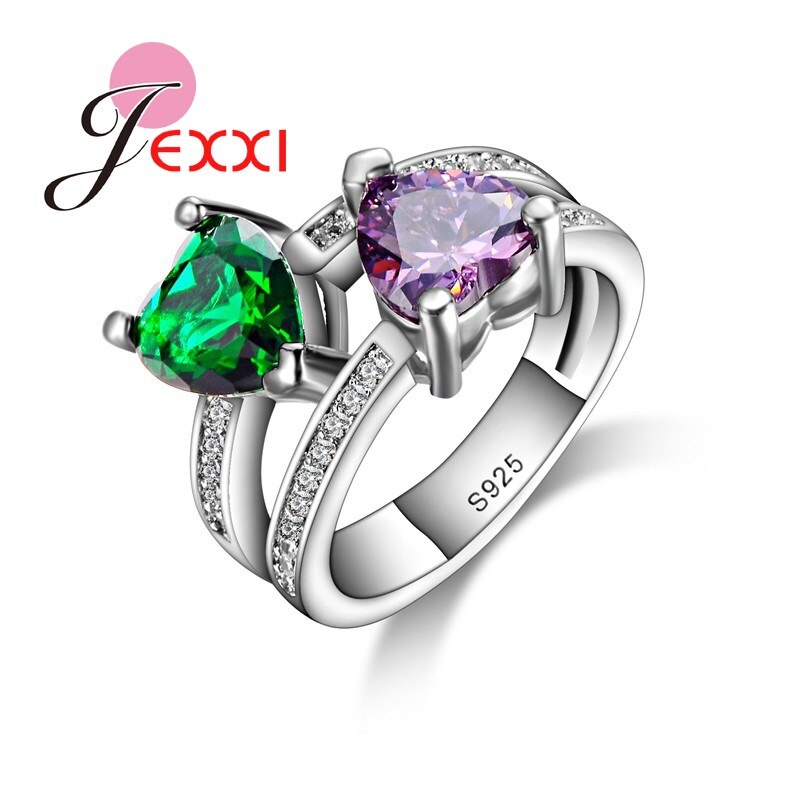 Moda criativa jóias anel oco romântico duplo coração roxo verde cz cristal anéis de festa de casamento feminino