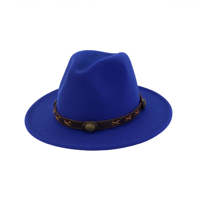 QBHAT uomo donna cappelli Fedora Jazz in feltro di lana tinta unita con cinturino in pelle marrone cappello da Cowboy a tesa larga cappello verde Trilby Panama per la festa: Royalblue