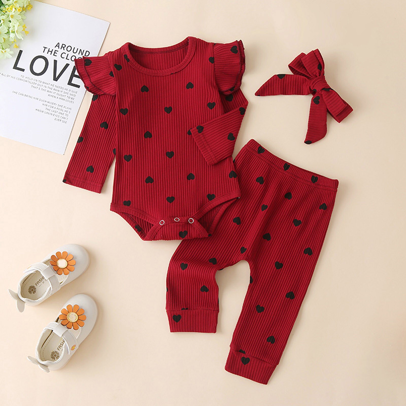 Kids Baby Kleding Meisjes Sets Peuter Kids Baby Meisjes Hart Print Solid Ruffle Romper + Broek + Hoofdbanden Outfits Комплекты одежды