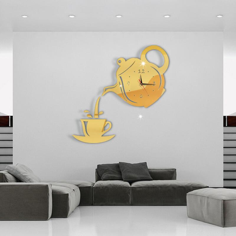 DIY 3D Wall Clock Acrylic Coffee Cup Teapot Decorative Kitchen Wall Clocks Living Room Dining Room Home Decor Clock: Gold / 22x16cm