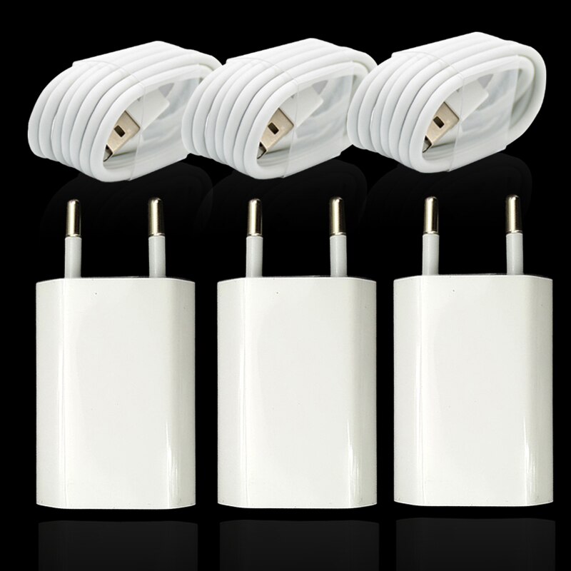 3 Set/partij Eu Plug Muur Ac Usb Charger Voor Iphone 8 Pin Usb Oplaadkabel + Travel Charger Adapter Voor apple Iphone 5 5S 6 6S 7: Default Title