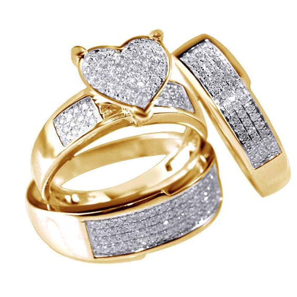 Romantische Elegante Herz geformt Zirkon Gold Edelstahl frauen Ring einstellen Engagement Hochzeit Ring Glanz Schmuck 3/Stück einstellen: 10