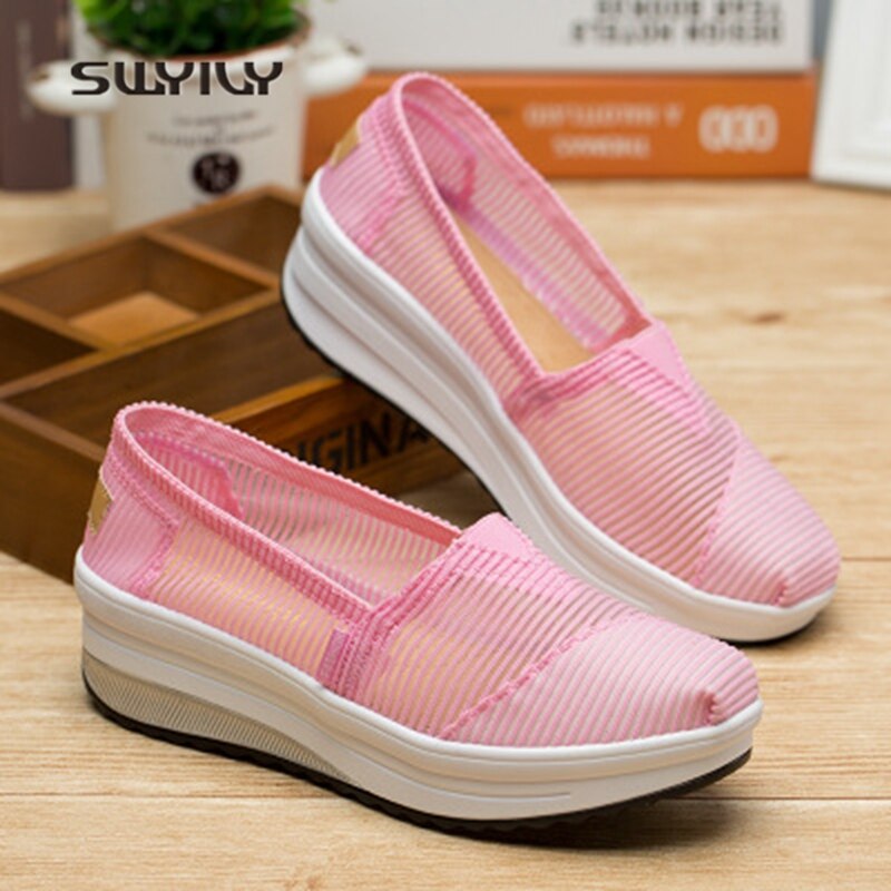 SWYIVY Women Toning Shoes Mesh Breathable Thick-sole Swing Shoes Summer Hollow Ultra-light Soft Female Slimming Shoes