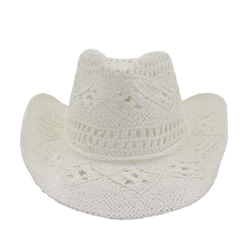 Straw Western Cowboy Hat Hand Made Beach Sunhats Party Sun For Man Woman Curling Brim Cap Sun Protection Unisex Hats: White