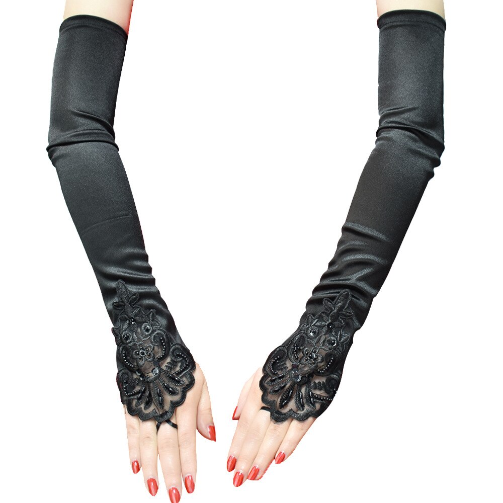 Gants en Satin Long de 48cm, Sexy, avec broderie au doigt, crochet, pour femmes, fête rétro, etiquettes, Cosplay, danse et dîner