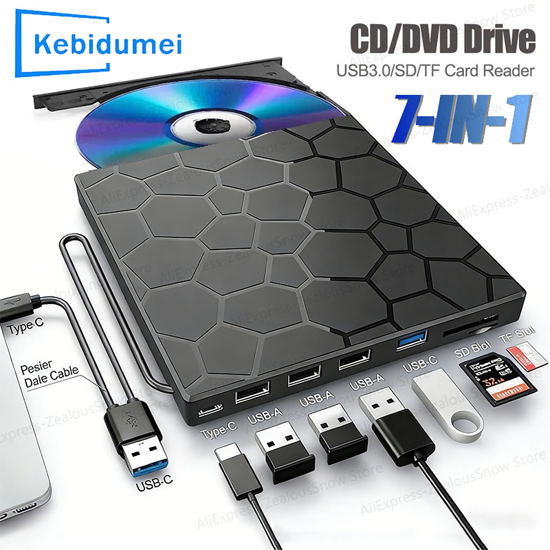 Leitor de dvd portátil 7 em 1 unidade externa de cd/dvd rw usb 3.0 tipo c gravador de cd unidade de disco externo para desktop mac windows linux
