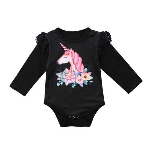 Neugeborenes Baby Mädchen Langarm Rüschen Einhorn Bodysuitoverall Nette Kleidung Kräuseln Outfits: Schwarz / 6m