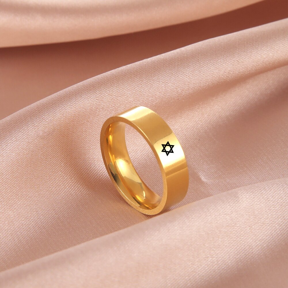 COOLTIME-Anillo de estrella de David judía, anillos de dedo de pareja de acero inoxidable para hombres y mujeres, amuleto minimalista, de joyería, novedad de 2025: 16,5 / Oro / Color dorado