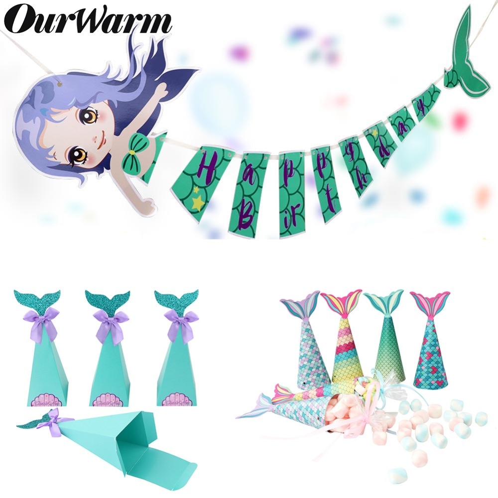 OurWarm Mermaid Boxes Little Mermaid Party Supplies Birthday Mermaid Favor Bag Banner Bracelet Baby Shower Candy Box