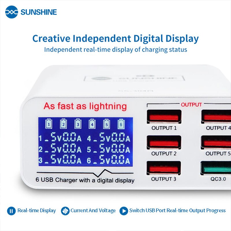 SONNENSCHEIN SS 304Q 6 Hafen LCD USB Ladegerät 2,4 EINE Schnelle Ladung Unterstützung Intelligenz QC 3,0 Kompatibilität IPAD iPhone HUAWEI XIAOMI