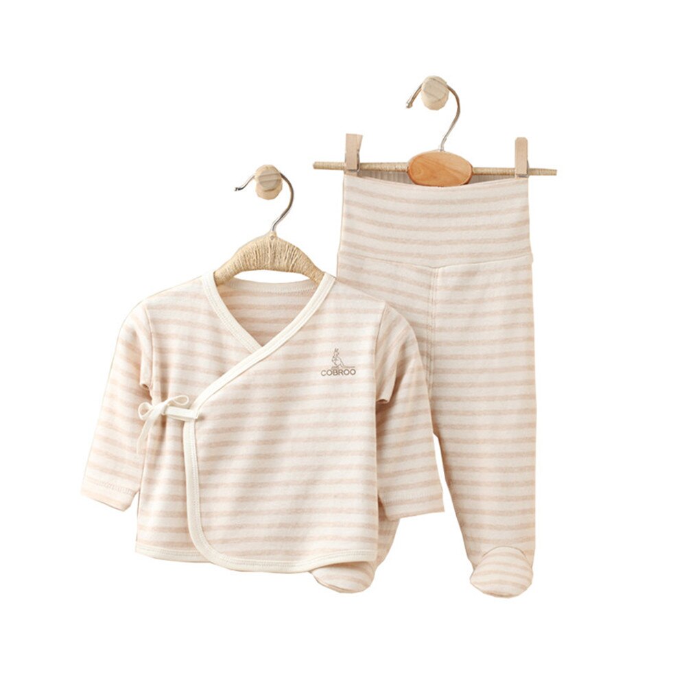Cobroo 100% Katoen Pasgeboren Baby Pyjama Set Met Gestreept Patroon Lange Mouwen Baby Kimono Broek Set 0-3 Maanden: Brown / Newborn