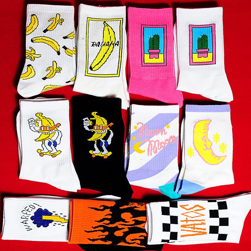 Koreański styl moda zabawa hip hop deskorolka skarpetki styl uliczny kreskówka banan kaktus księżyc płomień skarpetki unisex szczęśliwe długie skarpetki