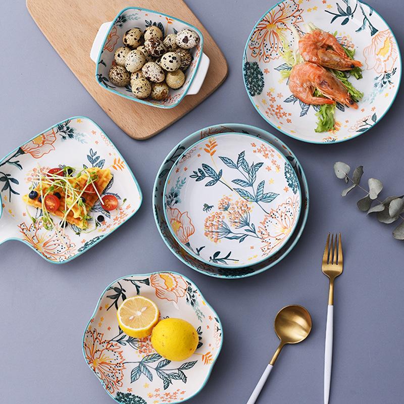 Juego de platos de cerámica para fruta, ensalada, Bol para arroz o sopa, bandeja redonda, vajilla decorativa de porcelana de hueso, platos de cocina