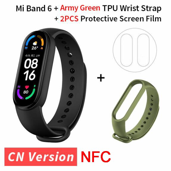 Xiaomi Mi Band 6 NFC inteligentna bransoletka 1.56 &quot;ekran AMOLED 5 kolorów tlen krwi tętno Fitness Tracker wodoodporny Miband6: armygreen strap film