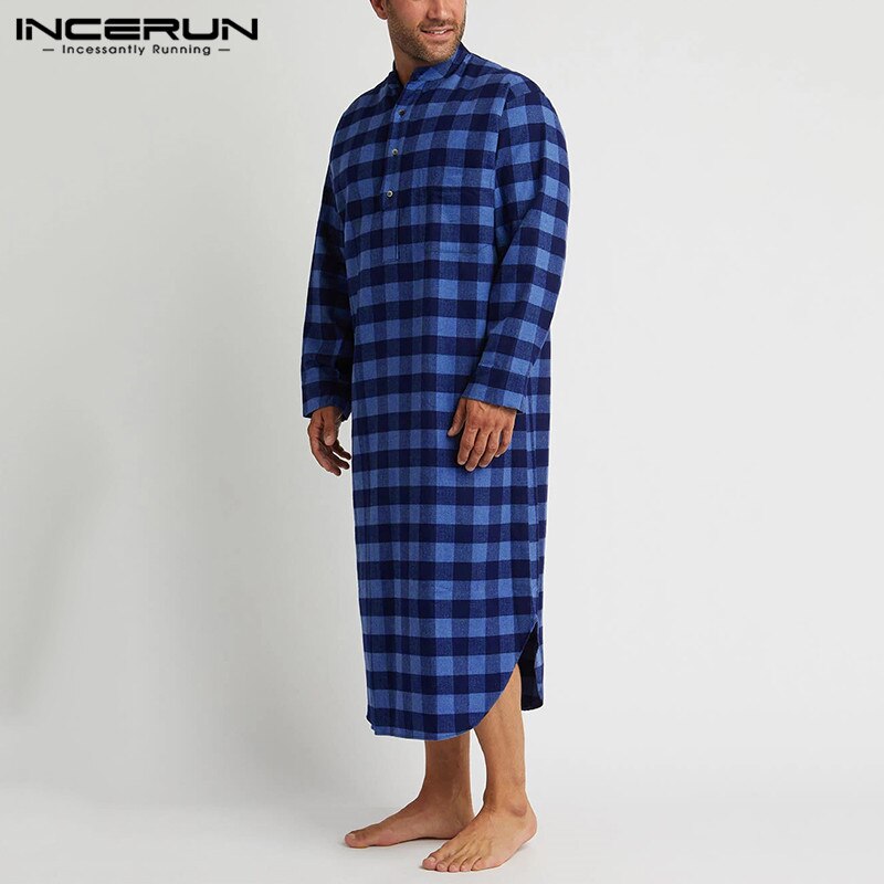 Man Loose Buttons Sleepwear Casual Lattice Homewear INCERUN Men Plaid Sleep Robes Long Sleeve Stand Collar Nightgown 5XL