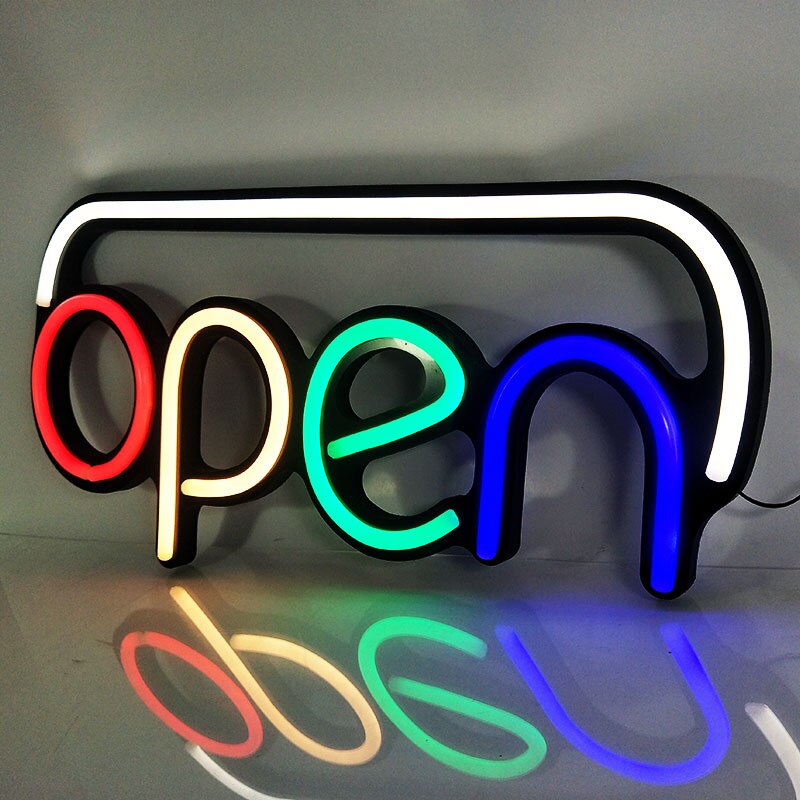 Letreros abiertos de neón para tienda de negocios, letreros de estilo abierto con 4 letras de color y blanco/flahing LED de borde, , 5 uds./cartón