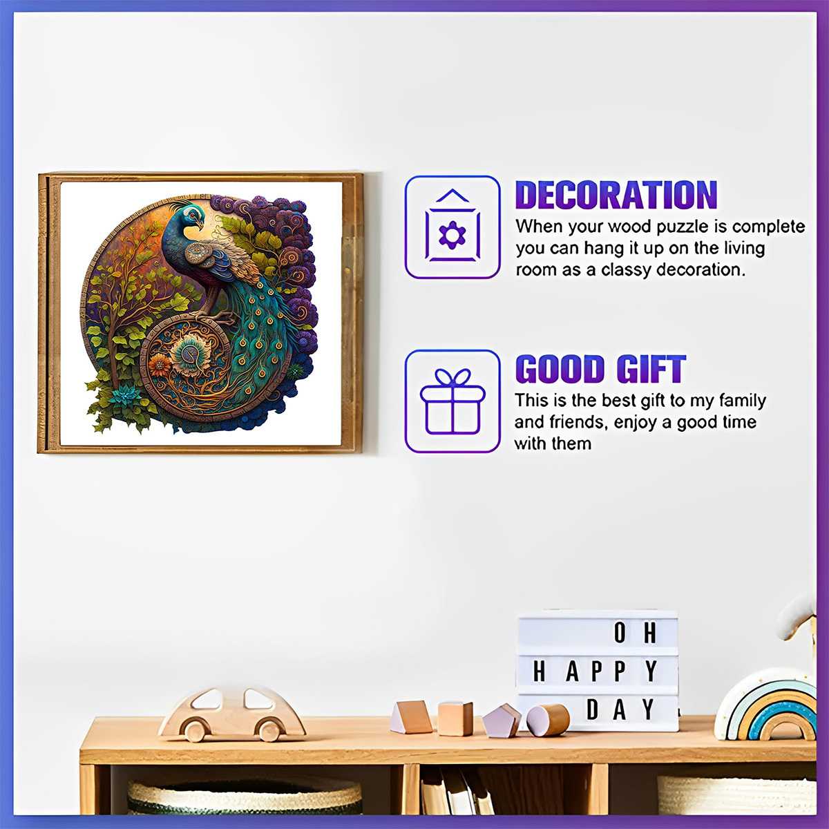 Unique Round Peacock Pattern Wooden Puzzle,Irregular Animal Shapes Jigsaw Puzzle,, The for Halloween, Christmas, Birthday