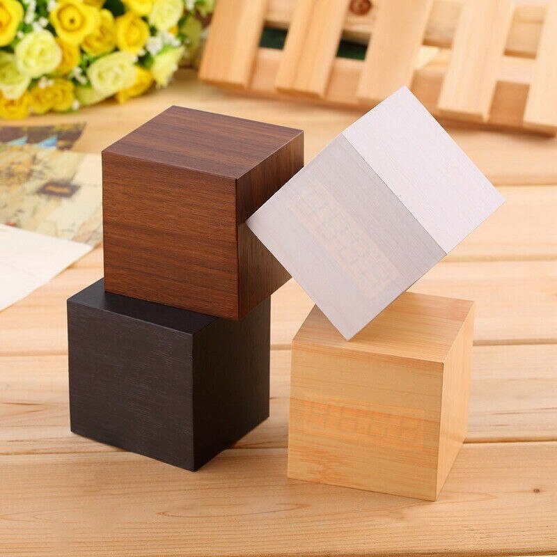 Digital LED Wood Wooden Cube Desk Clock Alarm Voice Control Thermometer Timer Calendar