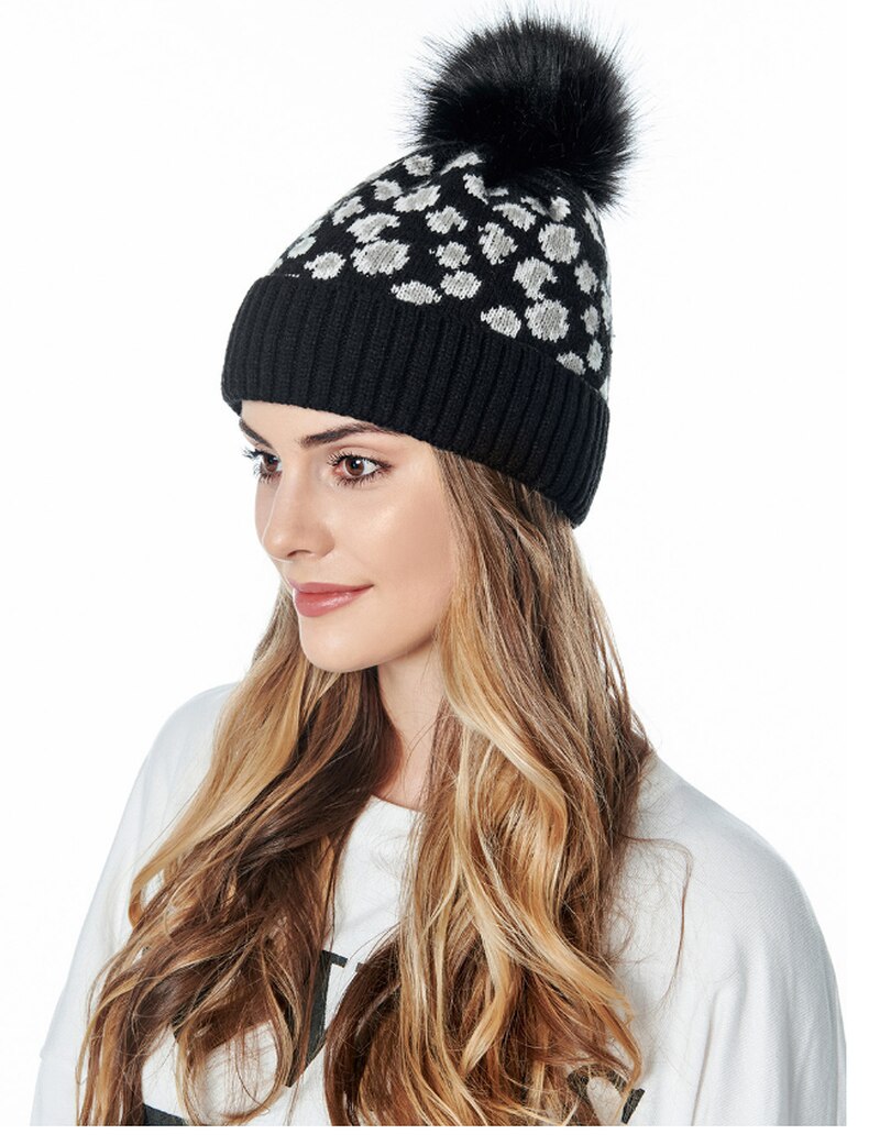 Herfst winter luipaard print wol gebreide muts warme oversized haarbal dikke warme muts pompon