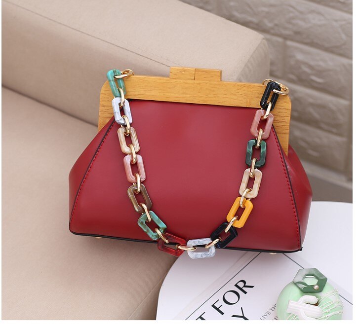 Petit sac à main pour femmes, nouvelle version coréenne de tendance, pince en bois native avec chaîne en jade: Bourgogne
