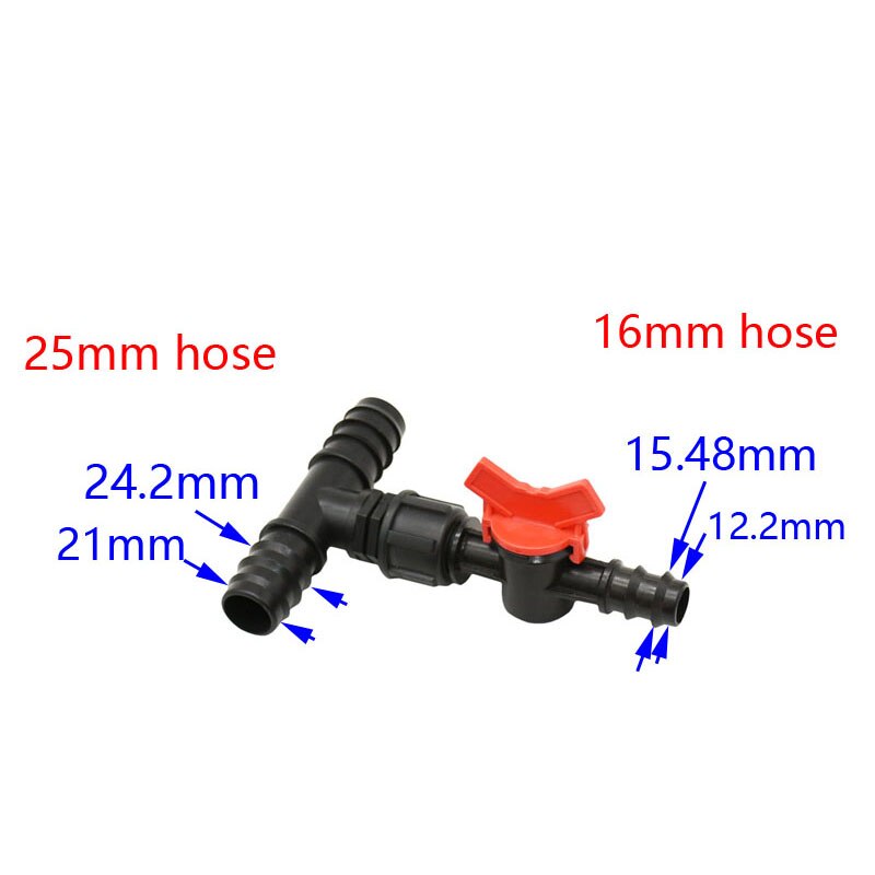 Puutarha 25mm to 20mm to 16mm letkua vähentävä tee venttiilillä puutarha vesijohtoveden jakaja liitin t-tyyppi 3- -tie pe putkiliitos 1 kpl: 25mm to 16mm
