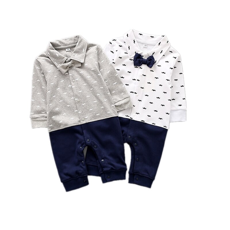 Zuigelingsjongen Kleding Lange Mouw Herfst Rompertjes Snor Patroon Gentleman Style Formele Suits Verjaardag Bow-tie Onesie Outfits