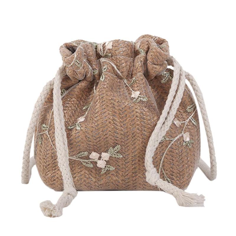 Female Casual Embroidery Lace Flower Decor Shoulder Handbags Women Straw Drawstring Crossbody Messenger Bags bolsa feminina: Brown