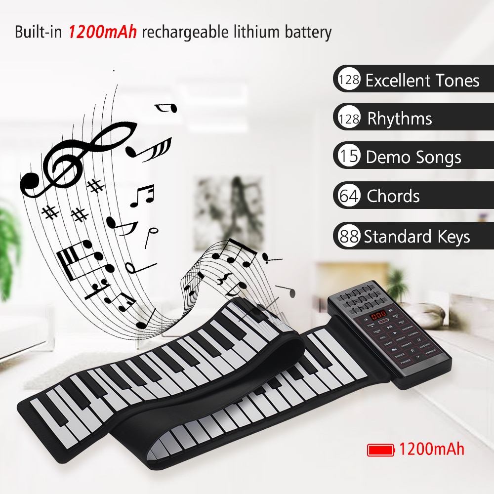 Piano eléctrico portátil con 88 teclas enrolladas, teclado Digital multifunción, altavoz incorporado, batería de litio recargable