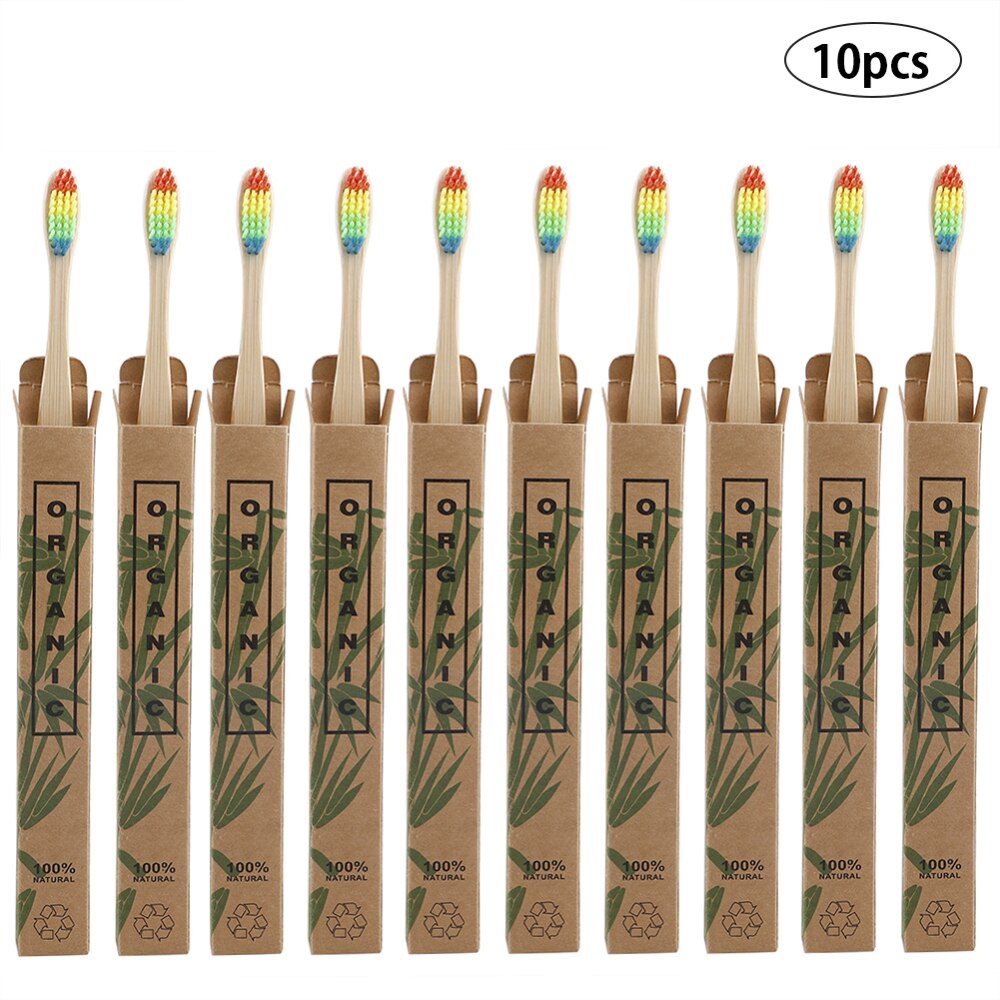 10 stk/sæt naturlig, ren bambus tandbørste blødt trækul firkantet træskaft tandbørster tandplejeværktøj: Farverig